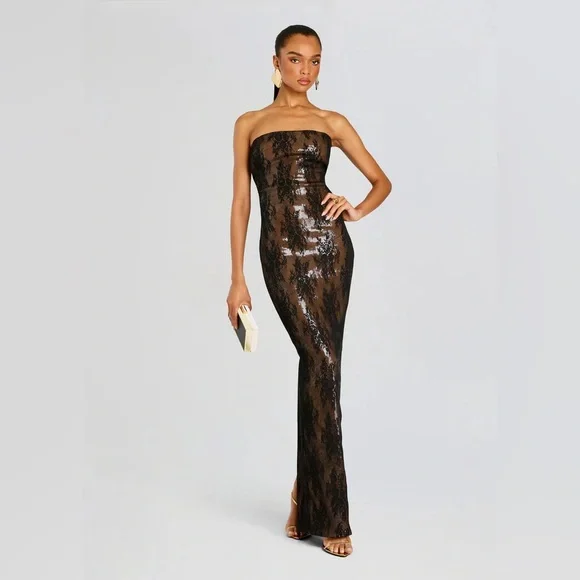 Retrofete | Dresses | Retrofete Zaina Black Sequin Lace Strapless Gown Size  Xs New | Poshmark